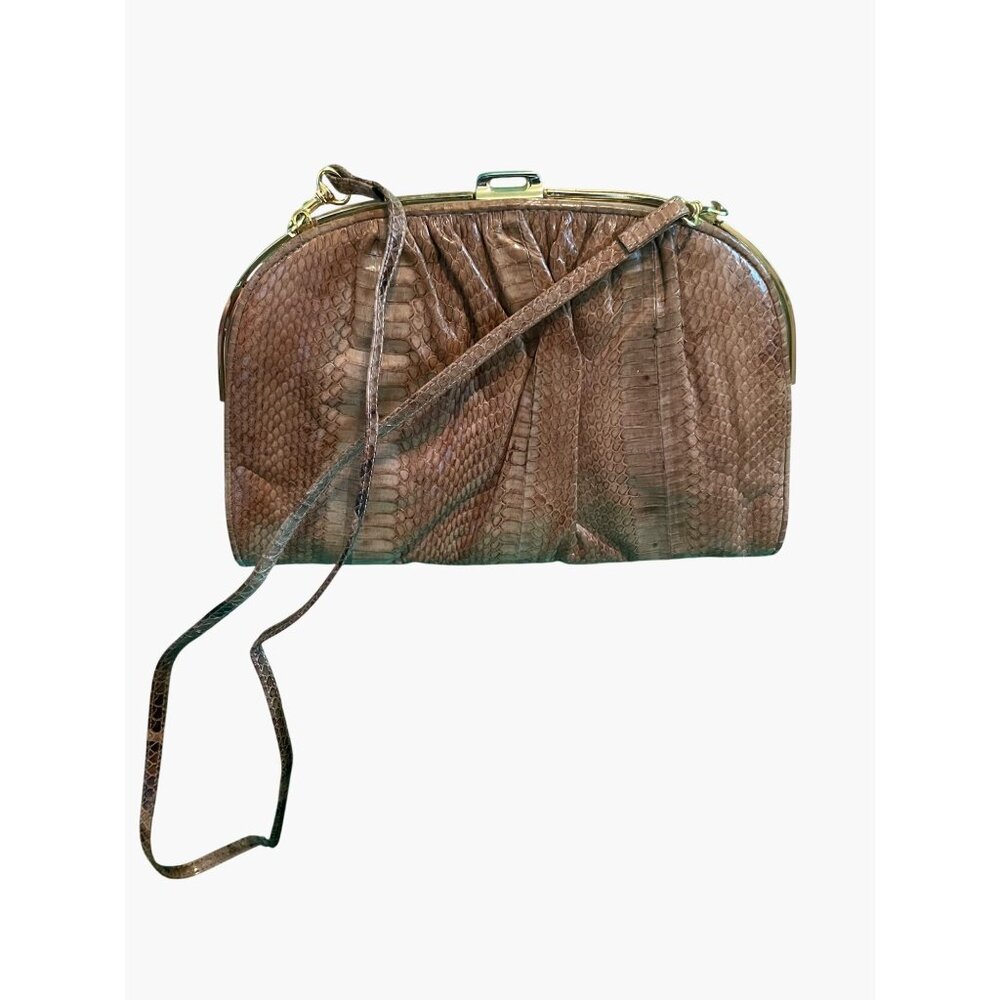 Vintage Brown Leather Snakeskin Crossbody Purse With Gold-Tone Metal Clasp & Adj